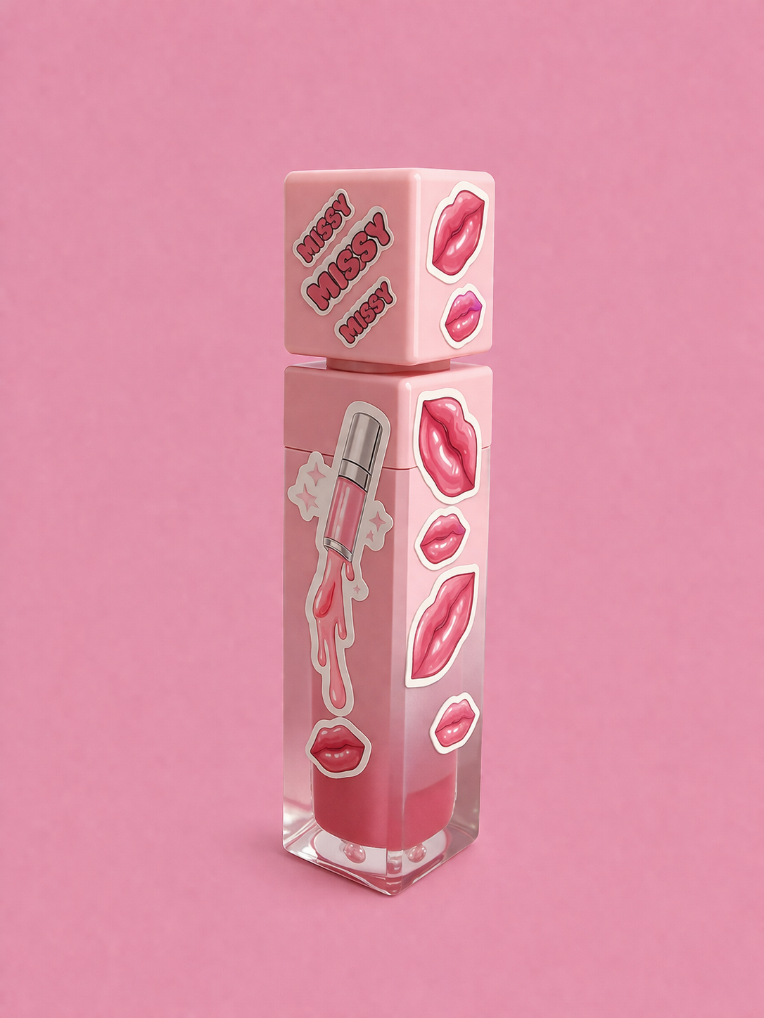 Glossy pink lip gloss bottle
